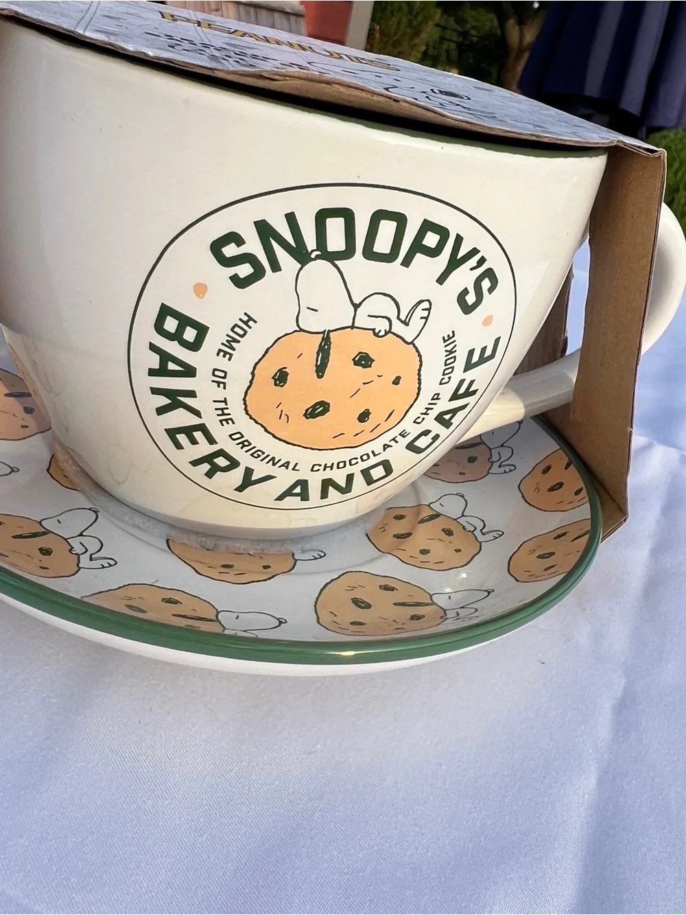 Snoopy's Bakery and Cafe Ceramic Mug and Saucer Set - White with Green Trim